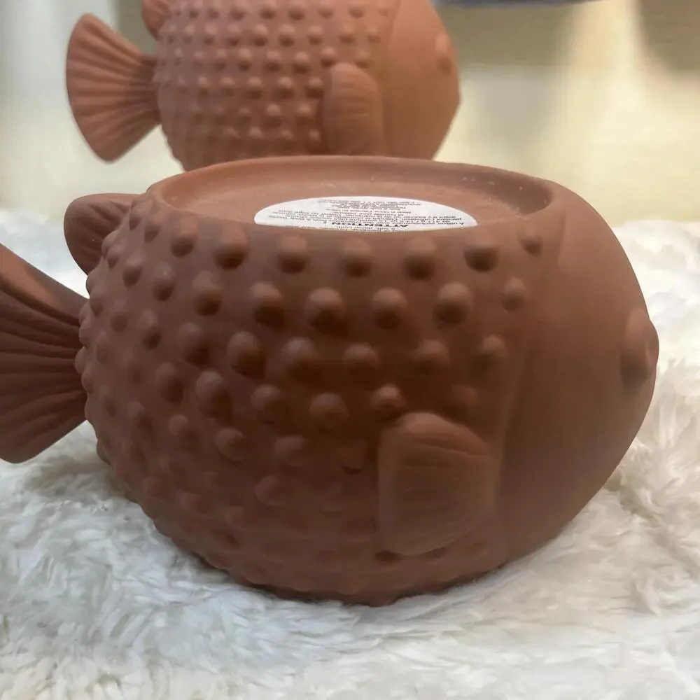 Bath & Body Works Terra Cotta PUFFER FISH 3-Wick Holders (2)